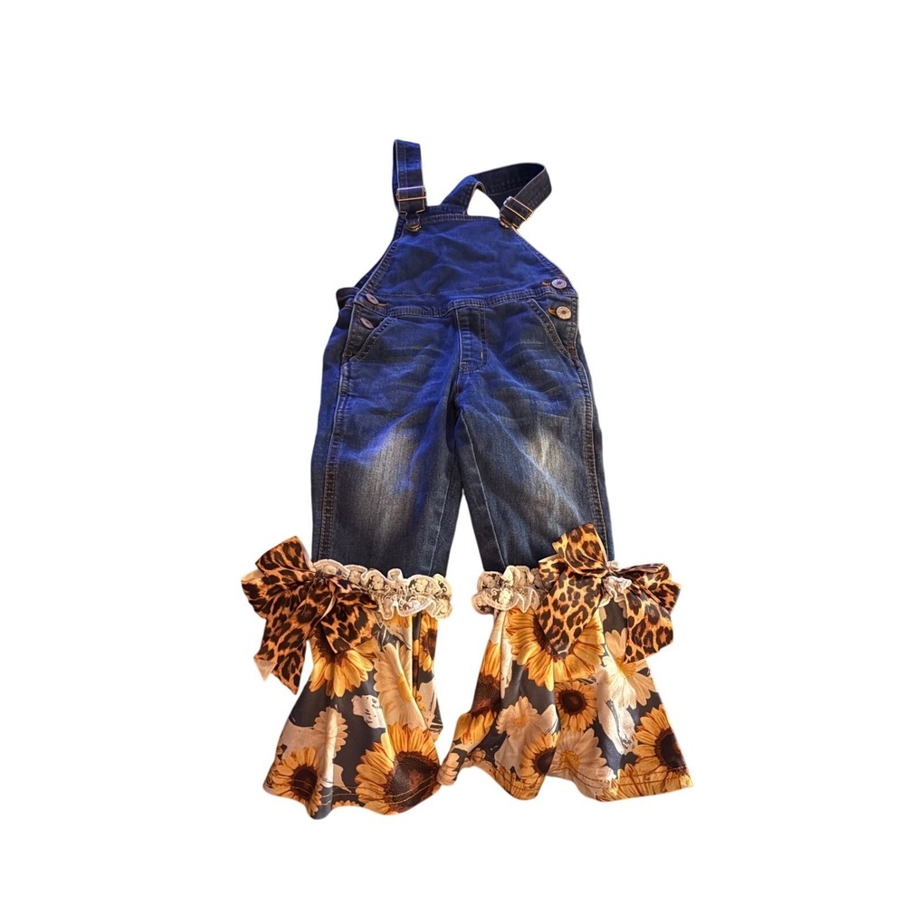 Kids‎ Denim Overalls Sunflower Leopard Ruffle Bottoms Girls Outfit